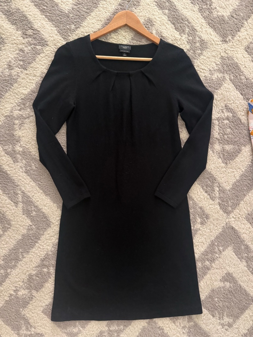 Talbots Black Long Sleeve Ponte Sheath Dress with Pleated Neck 100% Merino Wool